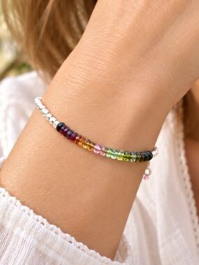 Handcrafted Untreated Natural Rainbow Tourmaline Bracelet Sterling Silver